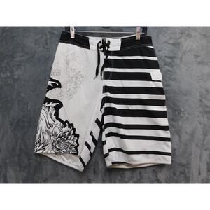 Micros Board Shorts Mens 32 Black White Striped Graphic Surf Swim Trunks Lace Up